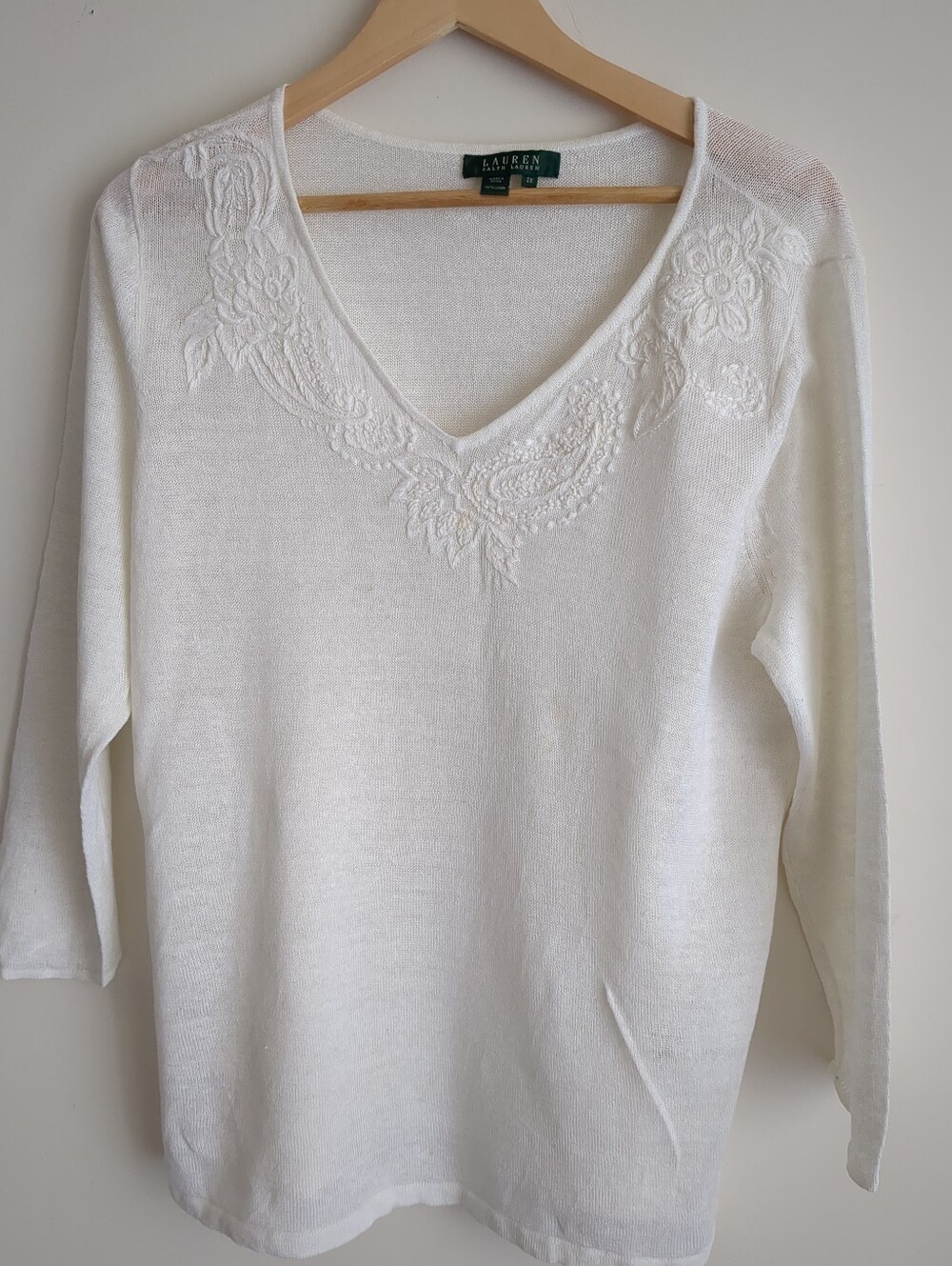 Lauren Ralph Luxury Linen Ivory Paisley Floral Embroidered Light Sweater Top